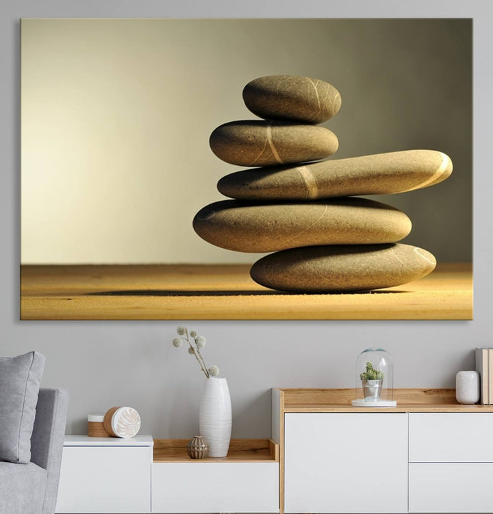 The Yellow Zen Stones on Yellow Background Wall Art is a striking feature in this minimalist kitchen.