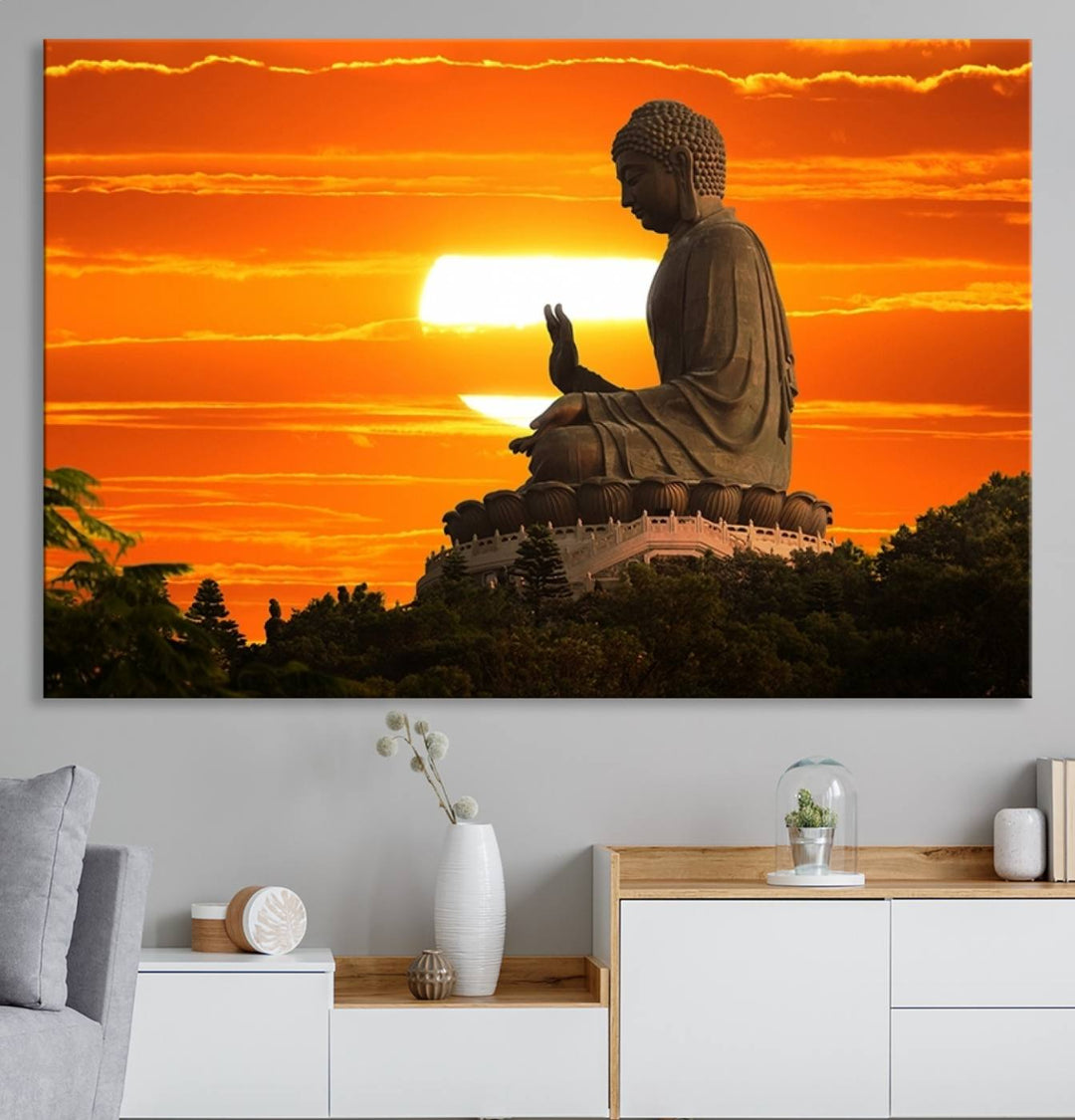 The Buddha Statue at Sunset canvas print adds serenity to the space.