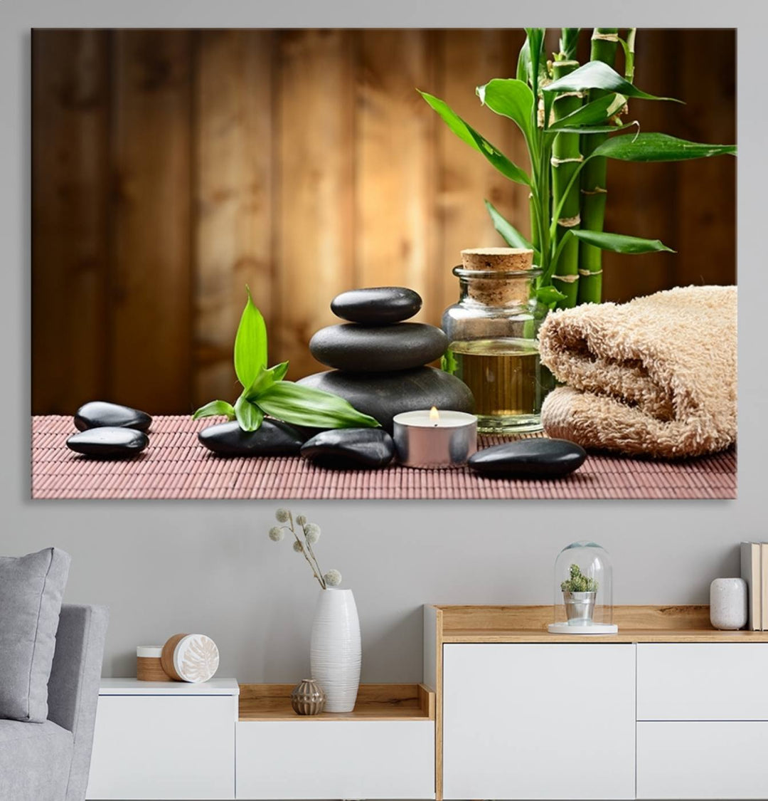 Zen Serenity Triptych Canvas Art: Pink Lotus Flower and Stones, Tranquil Water Lily Print, creating a peaceful spa ambiance.