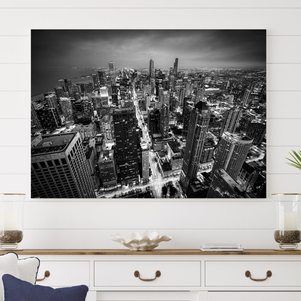 A Chicago Wall Art Canvas Print, specifically the Chicago City Night Canvas Print, is displayed in handcrafted frames.