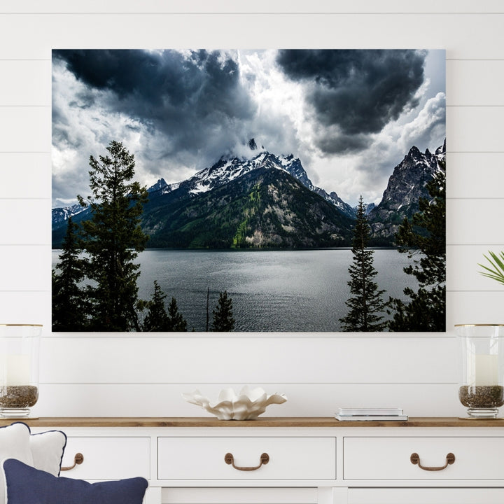 Grand Teton National Park Canvas Wall Art – Majestic Mountain Landscape Under Dramatic Clouds - Ready to Hang