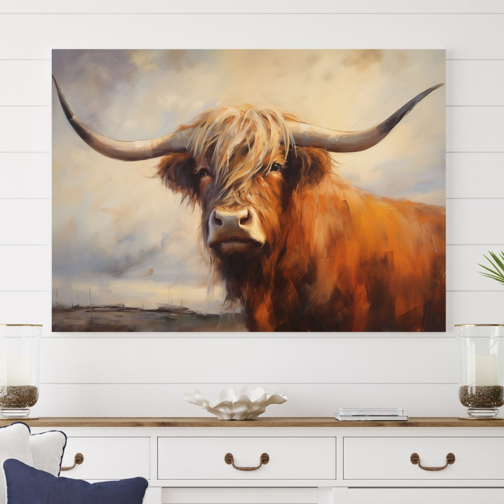 Triptych canvas wall art featuring a majestic abstract Highland longhorn cow with long horns and a flowing coat, set against a serene, natural backdrop.