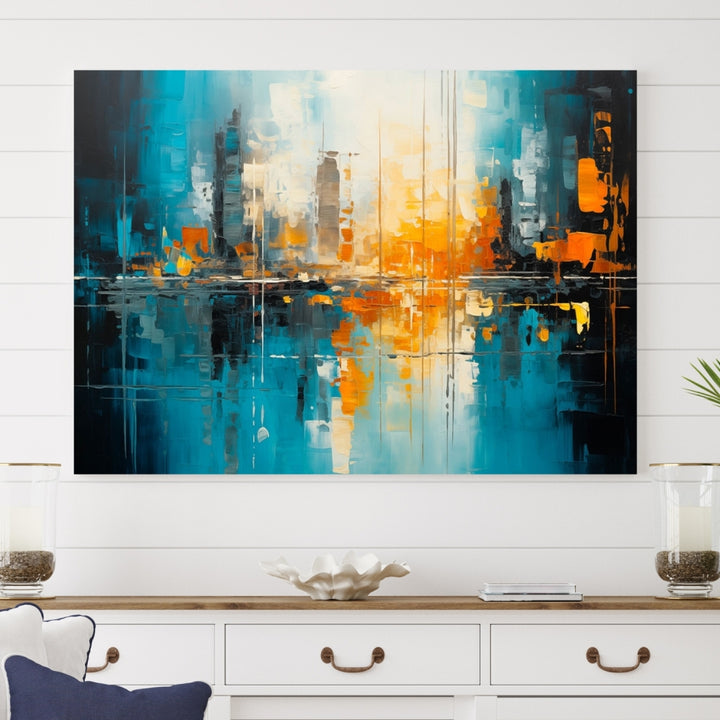 The Large Modern Abstract Wall Art Canvas Print, gallery wrapped on museum-quality canvas, enhances the modern living room setting.