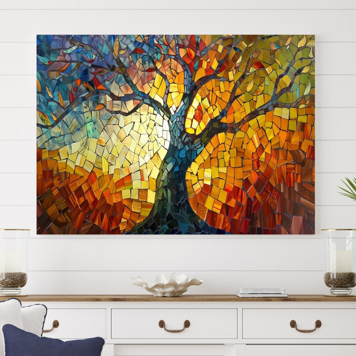 The dining area features the Mosaic Tree Canvas Wall Art, showcasing a vibrant stained glass-inspired Tree of Life called Yggdrasil with colorful leaves.