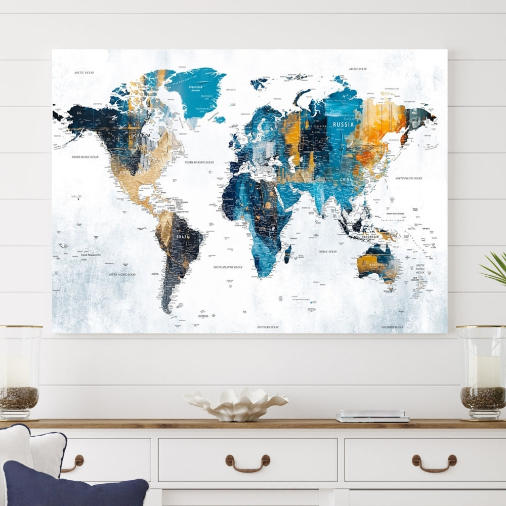 The World Map Turquoise Orange Wall Art Canvas Print, a triptych crafted on museum-quality canvases, adds aesthetic appeal and durability to the space.