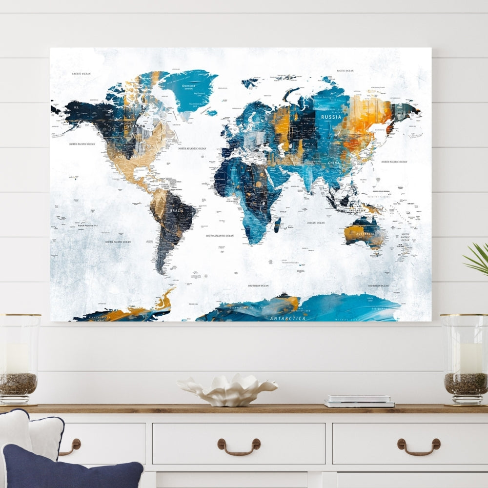 The "Turquoise Orange World Map Canvas Wall Art" showcases striking blue and orange tones. This museum-quality canvas features a UV-protective coating for enhanced durability and vibrant color retention.