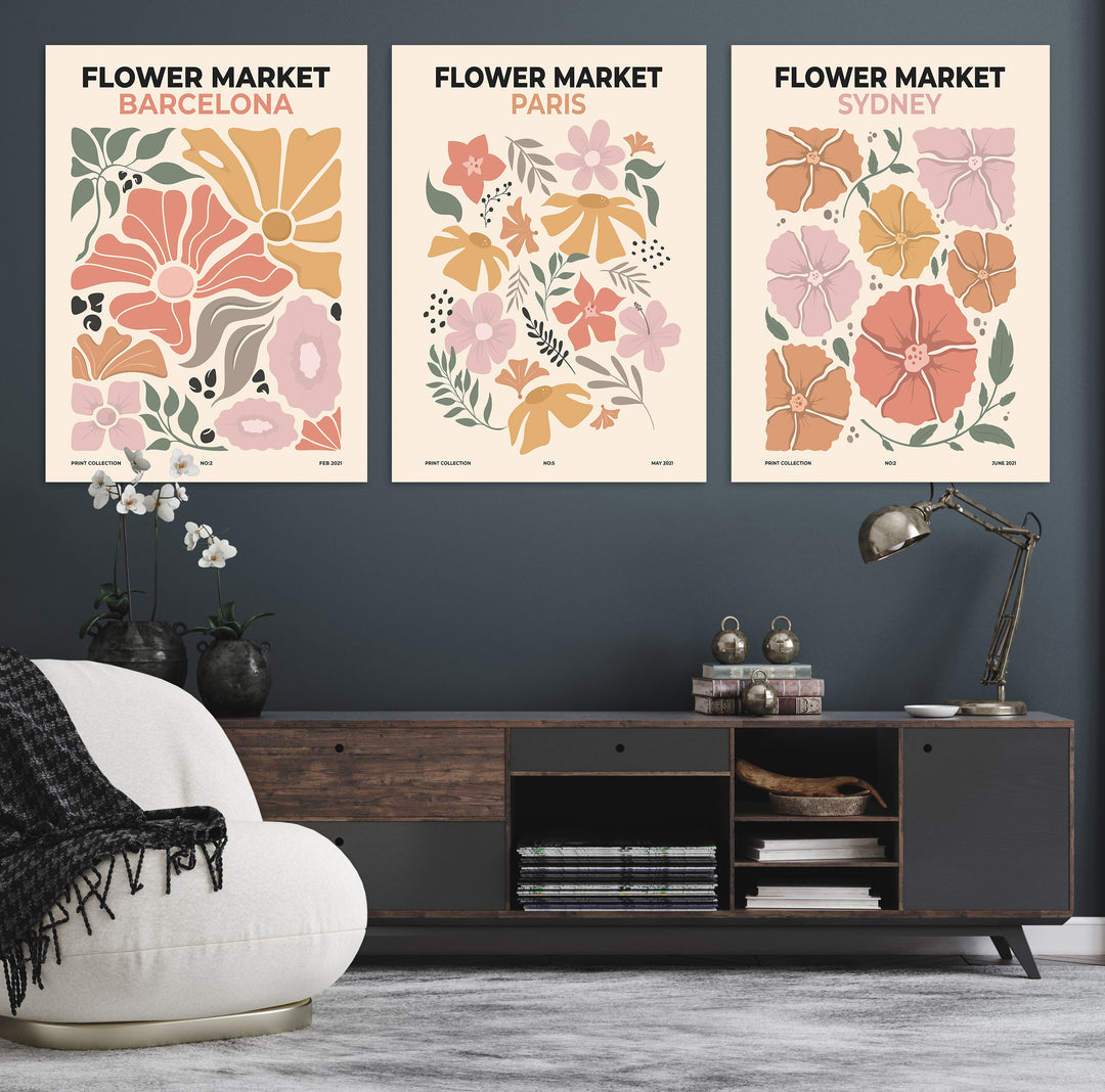 The tranquil room is beautifully enhanced with the Flower Market Wall Art Set. The walls are adorned with the 3-panel Barcelona, Paris, and Sydney prints, offering a botanical floral touch that breathes life into the space.