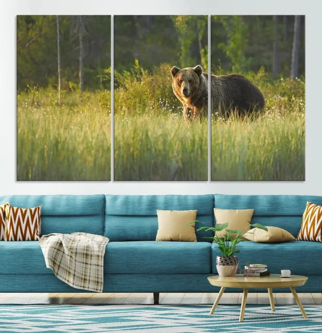 A museum-quality triptych wall art, titled "Wild Bears in Nature Canvas Print," elegantly decorates the living room.