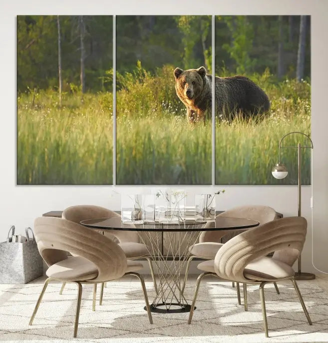 A museum-quality triptych wall art, titled "Wild Bears in Nature Canvas Print," elegantly decorates the living room.