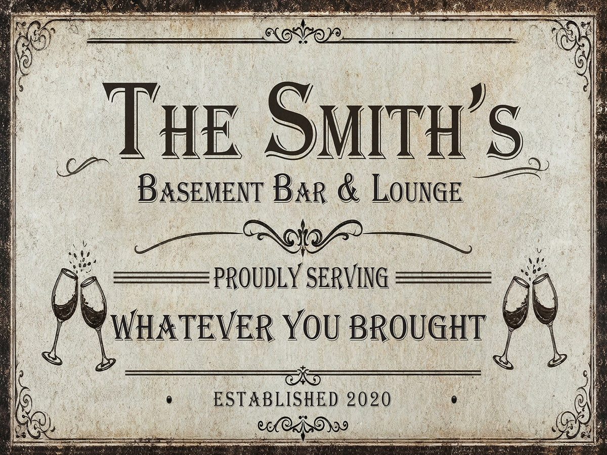Custom Basement Bar & Lounge Sign Canvas, Personalized Family Name Art