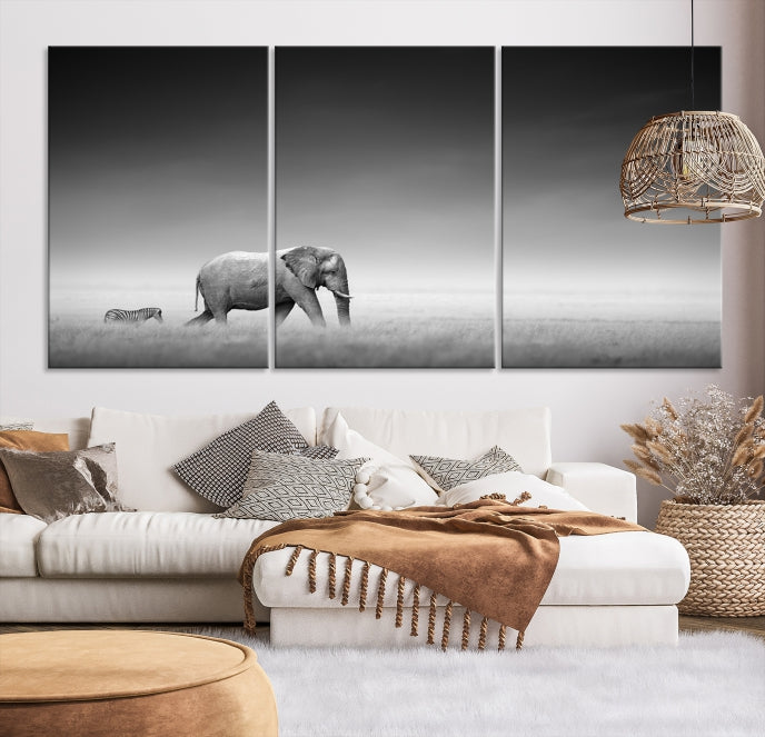 Lienzo decorativo para pared grande con diseño de elefante y cebra