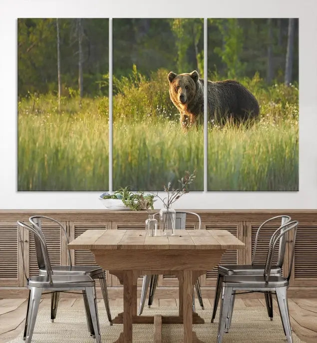 A museum-quality triptych wall art, titled "Wild Bears in Nature Canvas Print," elegantly decorates the living room.