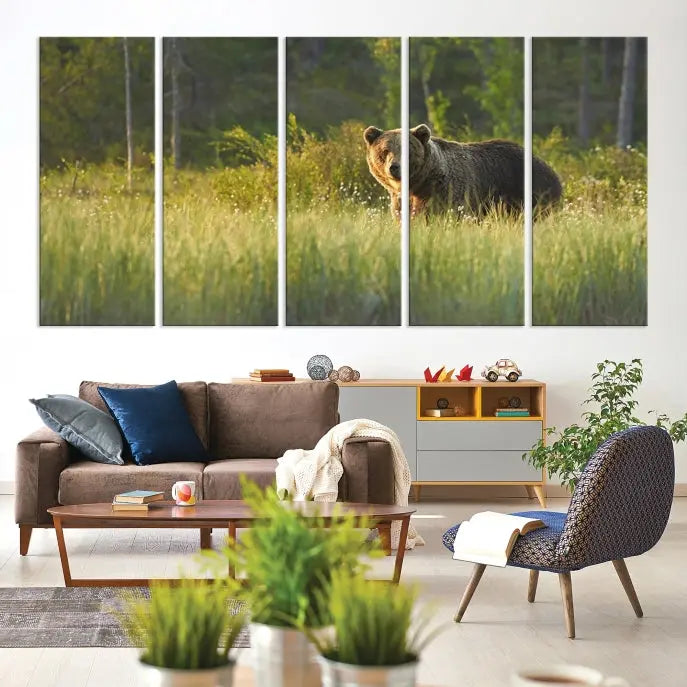 A museum-quality triptych wall art, titled "Wild Bears in Nature Canvas Print," elegantly decorates the living room.