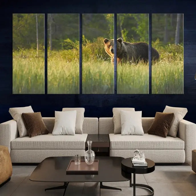 A museum-quality triptych wall art, titled "Wild Bears in Nature Canvas Print," elegantly decorates the living room.