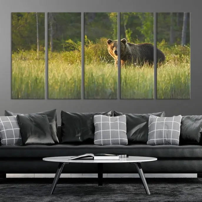 A museum-quality triptych wall art, titled "Wild Bears in Nature Canvas Print," elegantly decorates the living room.