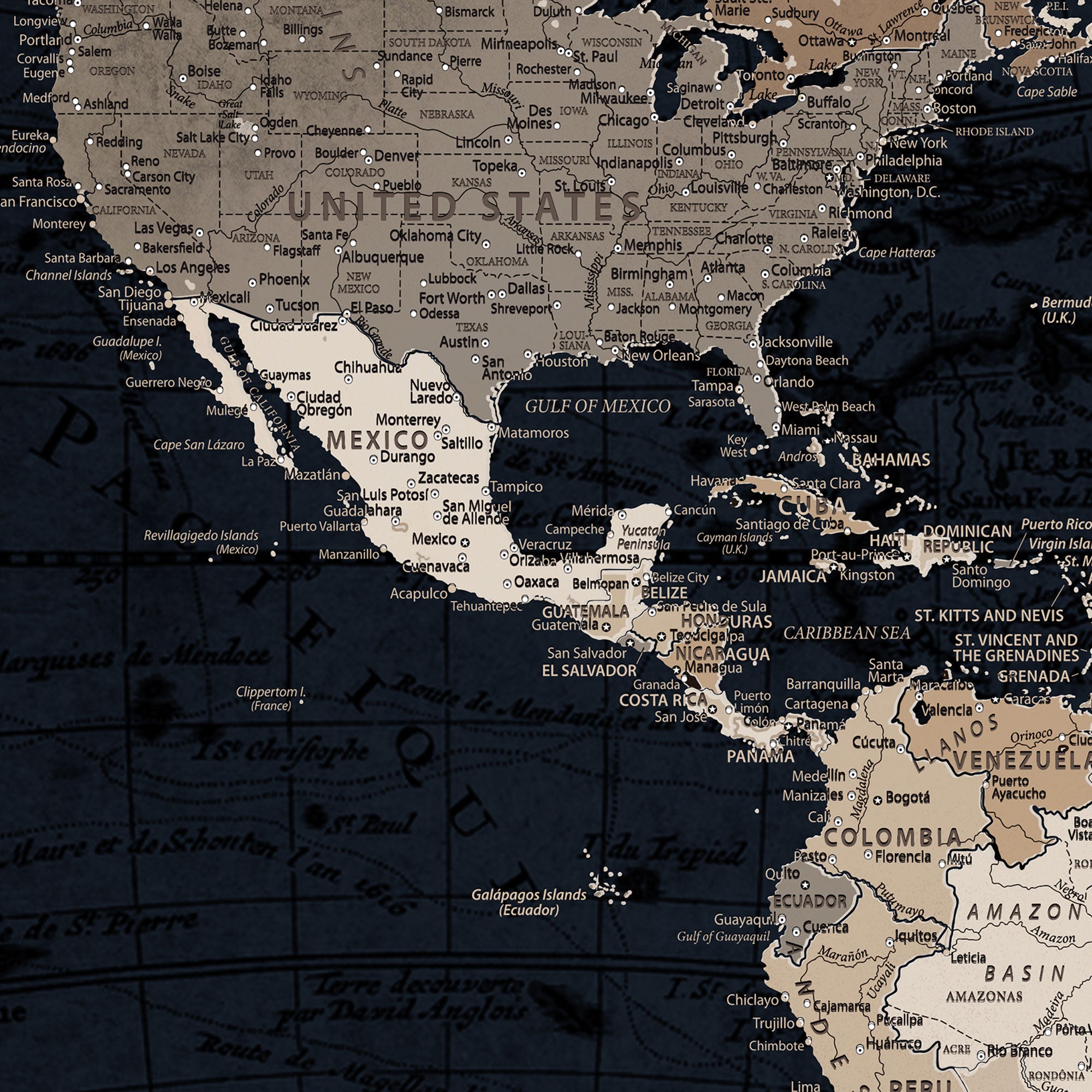 66938317-MGV-CV-36X24-Personalized Blue World Map Canvas – Custom Framed Push Pin Travel Map Wall Art, Vintage Style Gift for Couples or Families