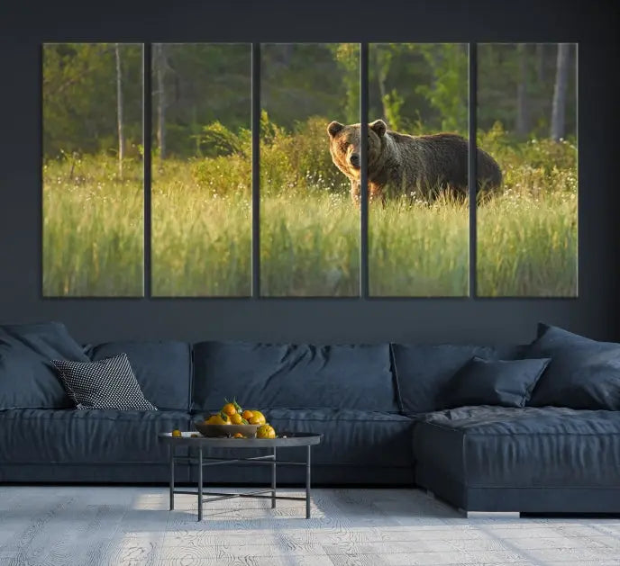 A museum-quality triptych wall art, titled "Wild Bears in Nature Canvas Print," elegantly decorates the living room.