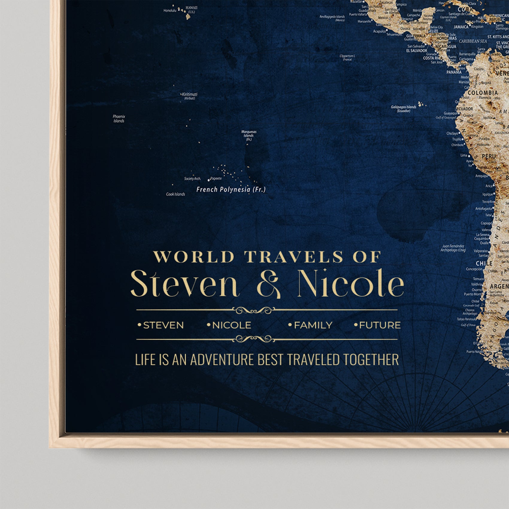 45566494-MGV-CV-36X24-Custom Push Pin World Map Personalized Travel Tracker Canvas Gift Framed Anniversary Decor for Couples or Family Adventures