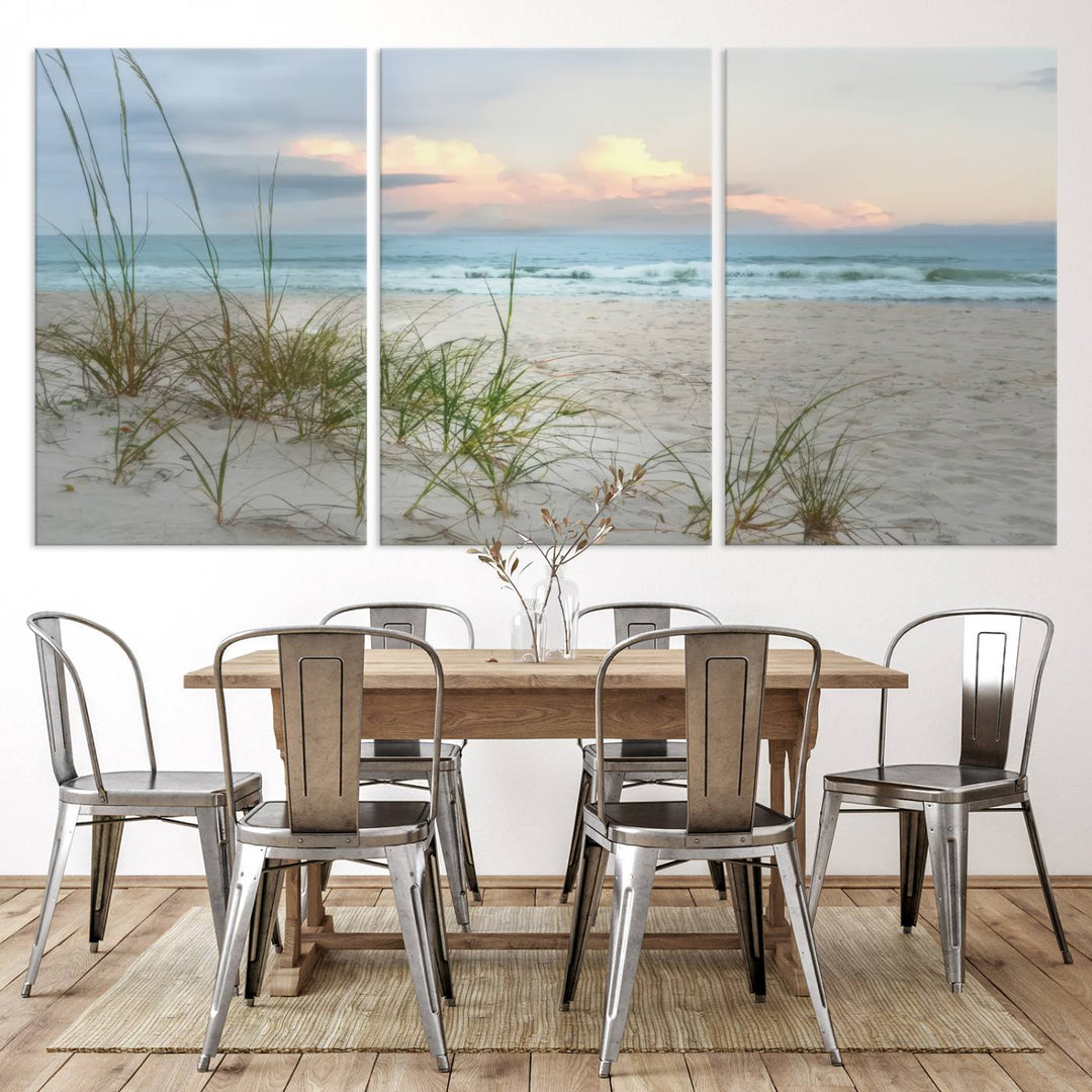 A chic living room is beautifully highlighted by the rustic farmhouse art, specifically the Test Beach Print - 2, displayed prominently above a wooden console.