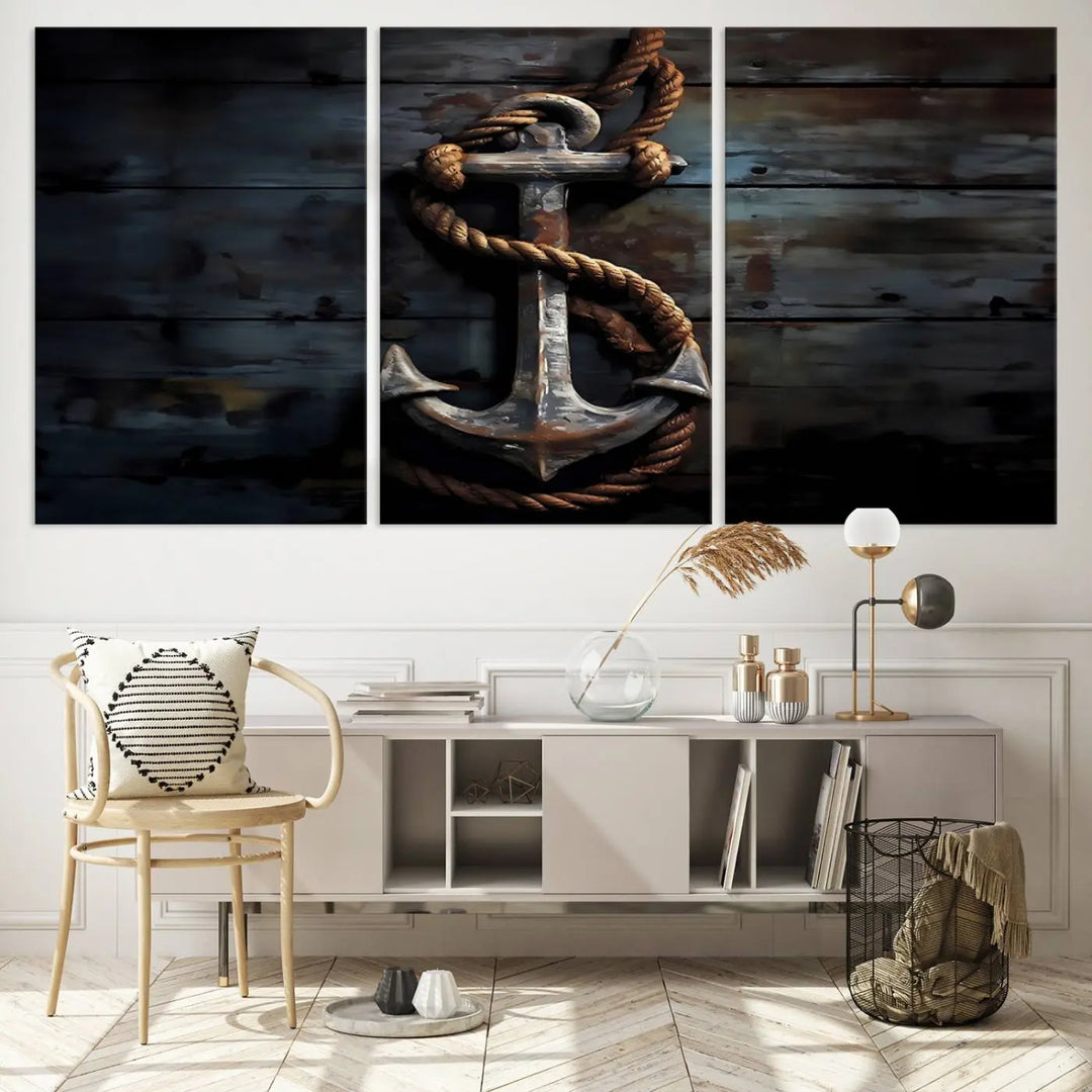 A 3 Panel Grunge Abstract Anchor Wall Art Canvas Print Set is displayed, showcasing framed artwork on museum-quality canvas.