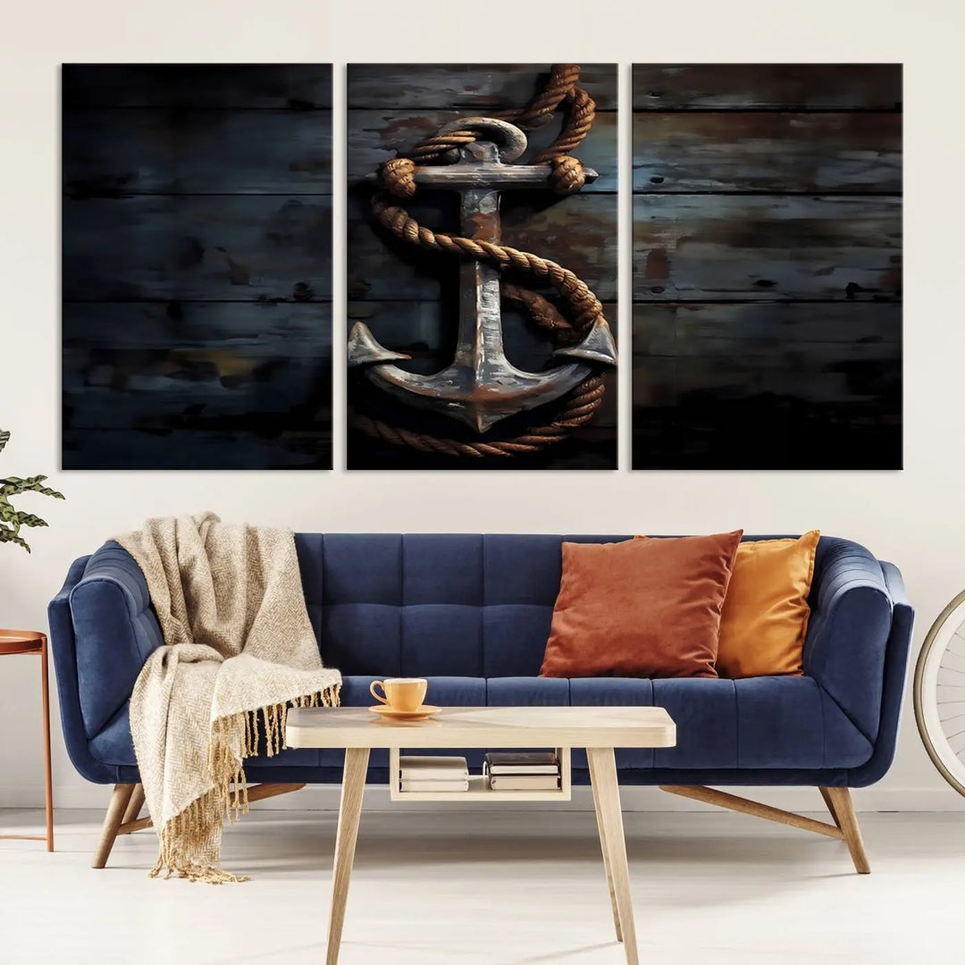 A 3 Panel Grunge Abstract Anchor Wall Art Canvas Print Set is displayed, showcasing framed artwork on museum-quality canvas.