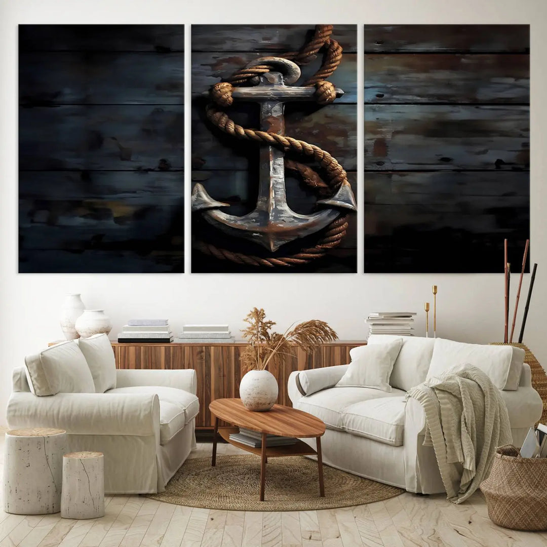 A 3 Panel Grunge Abstract Anchor Wall Art Canvas Print Set is displayed, showcasing framed artwork on museum-quality canvas.