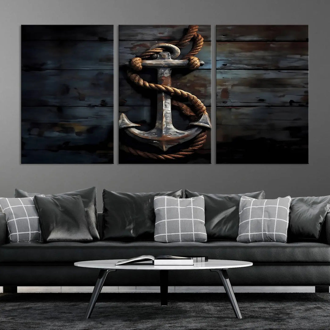 A 3 Panel Grunge Abstract Anchor Wall Art Canvas Print Set is displayed, showcasing framed artwork on museum-quality canvas.