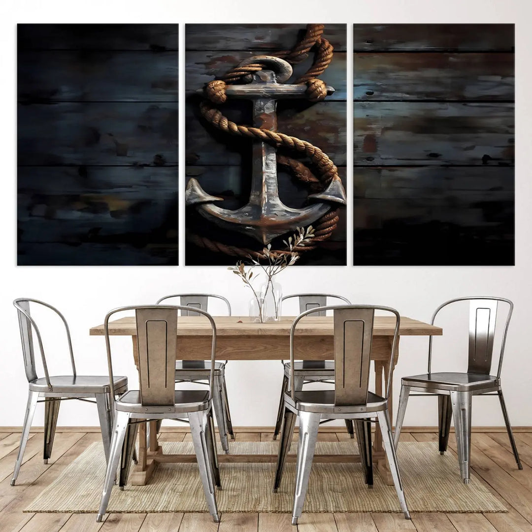 A 3 Panel Grunge Abstract Anchor Wall Art Canvas Print Set is displayed, showcasing framed artwork on museum-quality canvas.