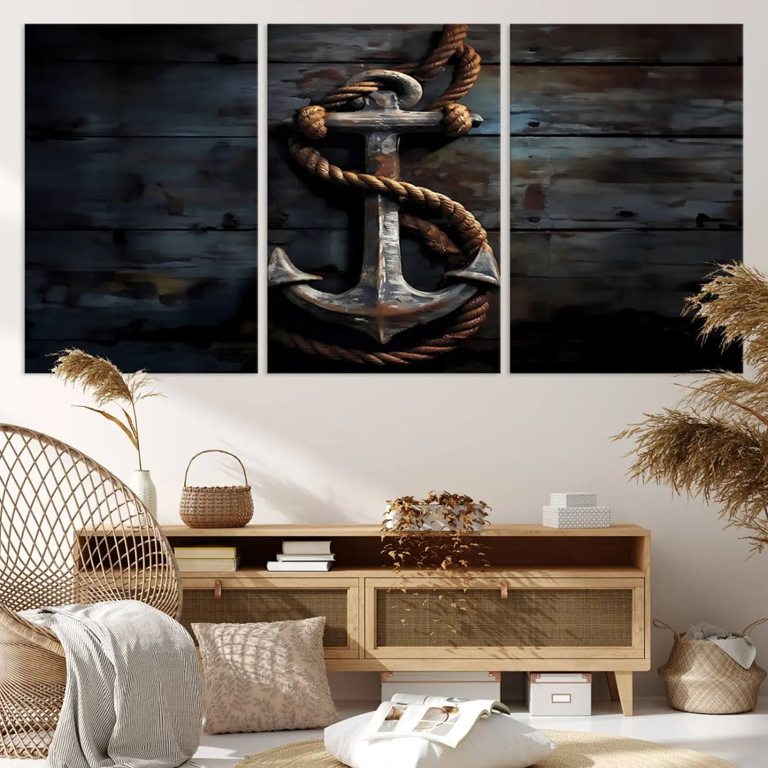 A 3 Panel Grunge Abstract Anchor Wall Art Canvas Print Set is displayed, showcasing framed artwork on museum-quality canvas.