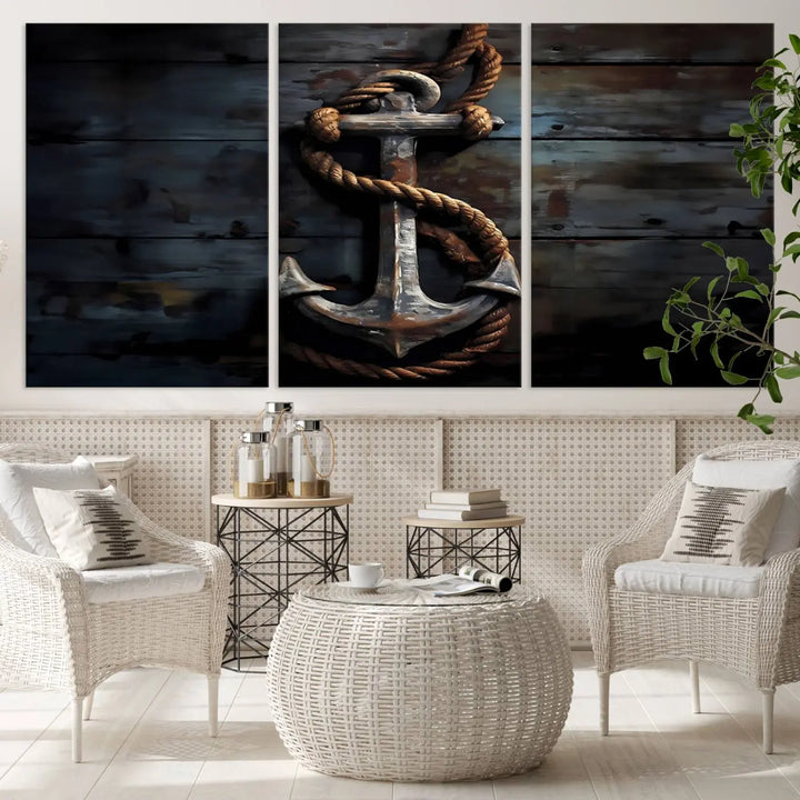 A 3 Panel Grunge Abstract Anchor Wall Art Canvas Print Set is displayed, showcasing framed artwork on museum-quality canvas.