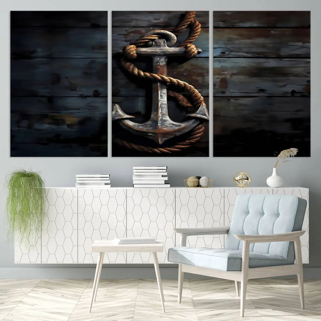 A 3 Panel Grunge Abstract Anchor Wall Art Canvas Print Set is displayed, showcasing framed artwork on museum-quality canvas.