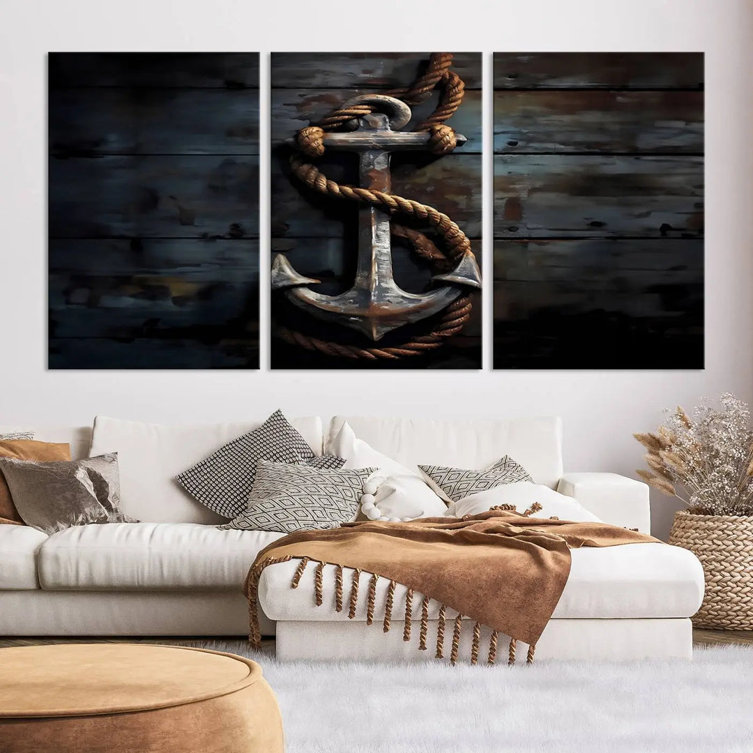 A 3 Panel Grunge Abstract Anchor Wall Art Canvas Print Set is displayed, showcasing framed artwork on museum-quality canvas.