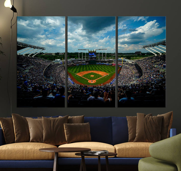 3-Panel Kauffman Stadium Wall Art Print | Large Kansas City Royals Baseball Canvas Print for Sports Enthusiasts | Framed, Ready-to-Hang MLB