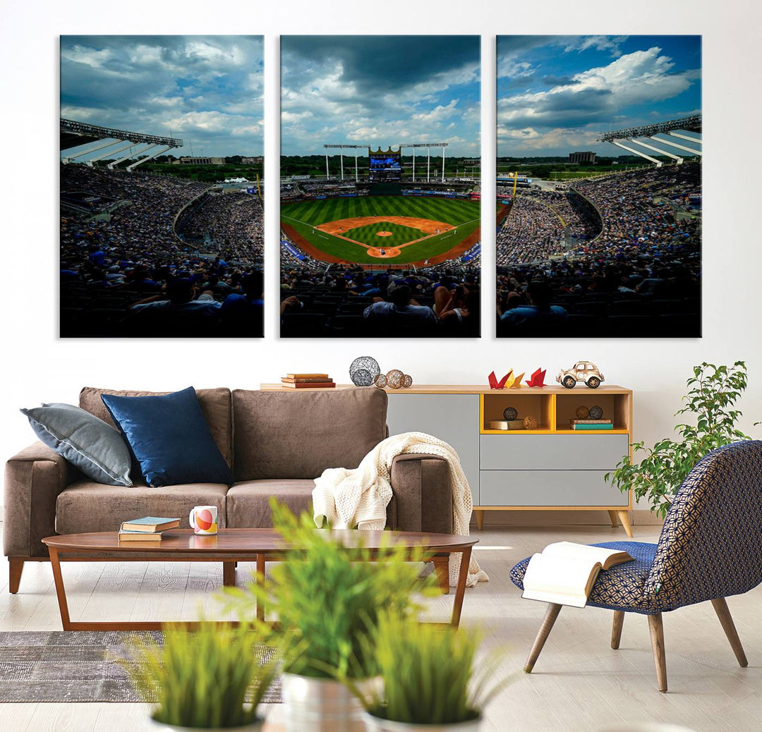 3-Panel Kauffman Stadium Wall Art Print | Large Kansas City Royals Baseball Canvas Print for Sports Enthusiasts | Framed, Ready-to-Hang MLB