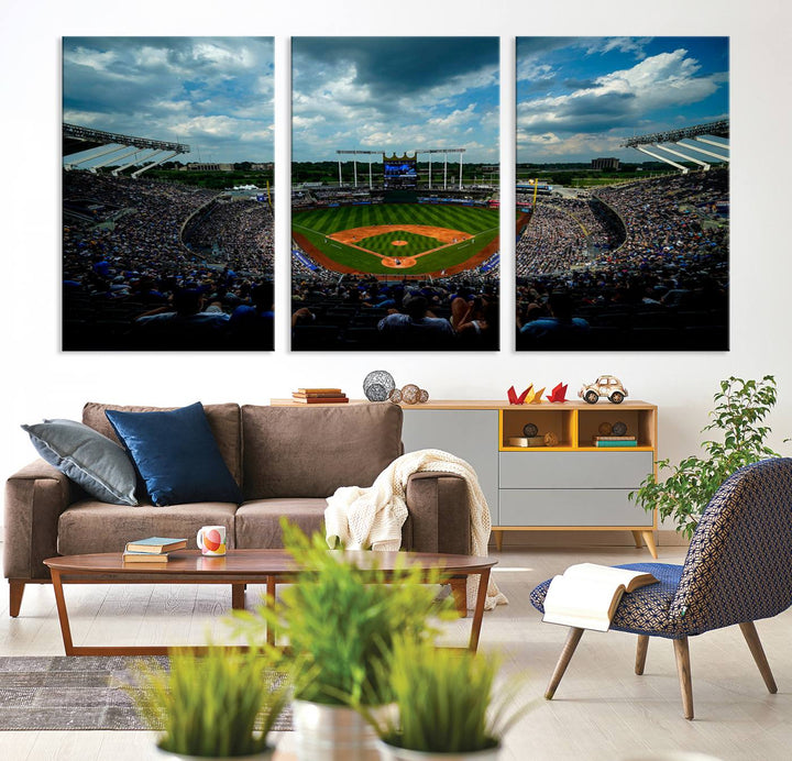 3-Panel Kauffman Stadium Wall Art Print | Large Kansas City Royals Baseball Canvas Print for Sports Enthusiasts | Framed, Ready-to-Hang MLB