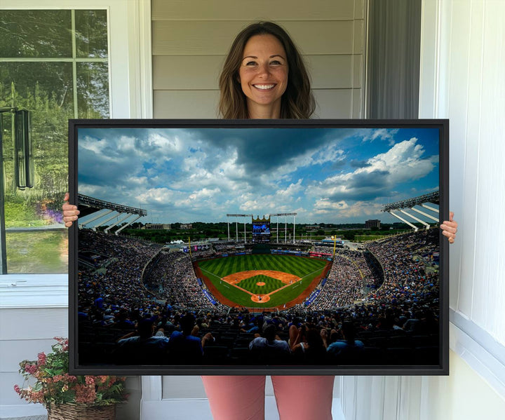 37127-MGV-CV-36X24-3-Panel Kauffman Stadium Wall Art Print | Large Kansas City Royals Baseball Canvas Print for Sports Enthusiasts | Framed, Ready-to-Hang MLB