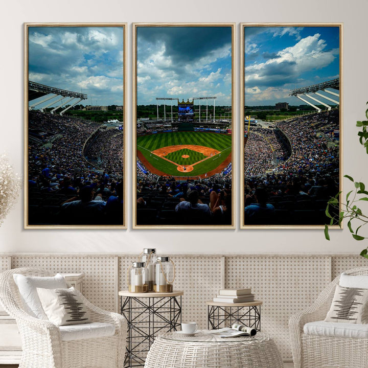 37127-MGV-CV-36X24-3-Panel Kauffman Stadium Wall Art Print | Large Kansas City Royals Baseball Canvas Print for Sports Enthusiasts | Framed, Ready-to-Hang MLB