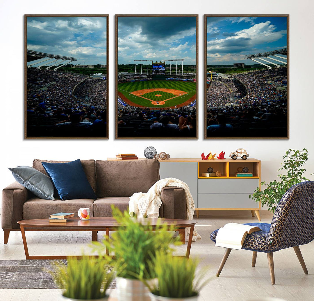 37127-MGV-CV-36X24-3-Panel Kauffman Stadium Wall Art Print | Large Kansas City Royals Baseball Canvas Print for Sports Enthusiasts | Framed, Ready-to-Hang MLB