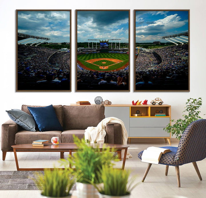 37127-MGV-CV-36X24-3-Panel Kauffman Stadium Wall Art Print | Large Kansas City Royals Baseball Canvas Print for Sports Enthusiasts | Framed, Ready-to-Hang MLB