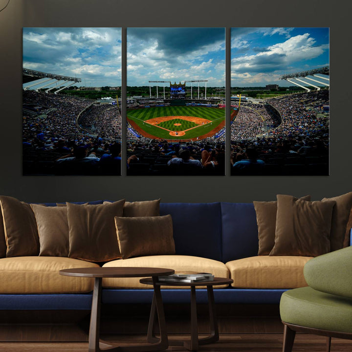 3-Panel Kauffman Stadium Wall Art Print | Large Kansas City Royals Baseball Canvas Print for Sports Enthusiasts | Framed, Ready-to-Hang MLB