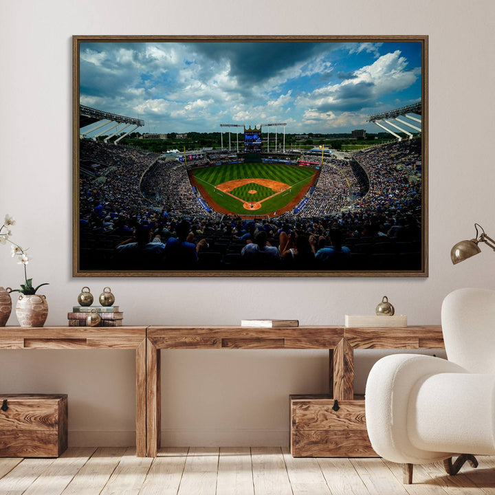 3-Panel Kauffman Stadium Wall Art Print | Large Kansas City Royals Baseball Canvas Print for Sports Enthusiasts | Framed, Ready-to-Hang MLB