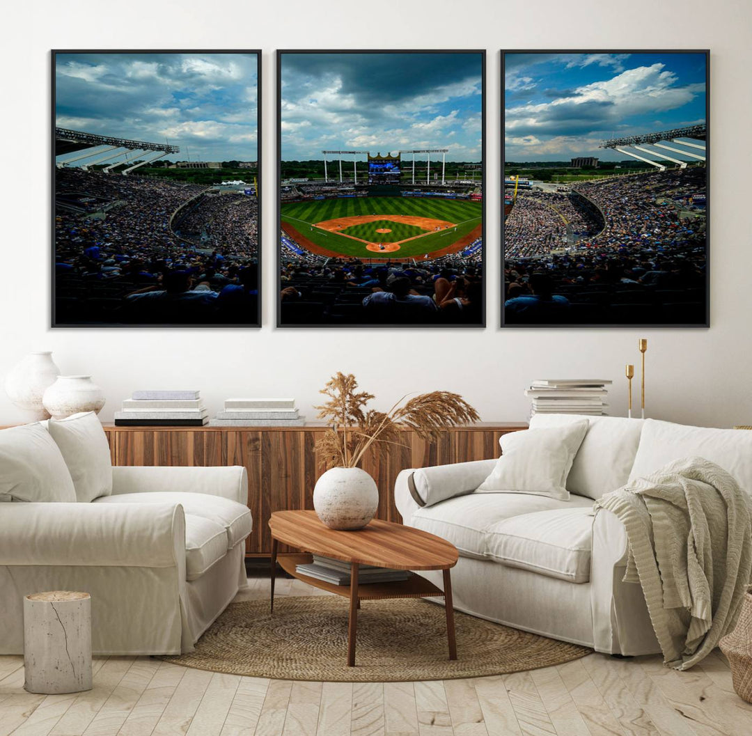 37127-MGV-FC-60X30-3P_Black-3-Panel Kauffman Stadium Wall Art Print | Large Kansas City Royals Baseball Canvas Print for Sports Enthusiasts | Framed, Ready-to-Hang MLB