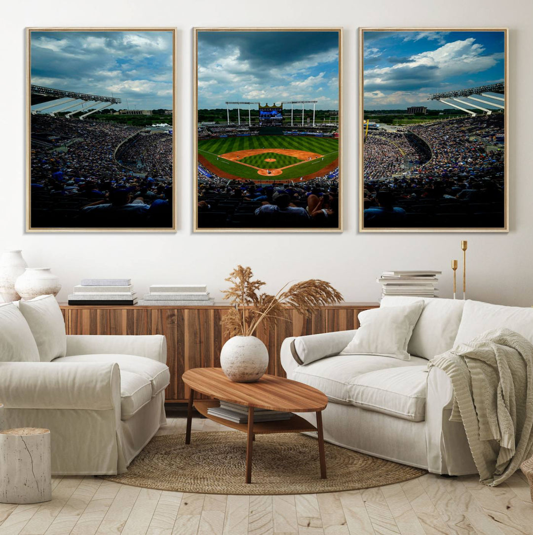 37127-MGV-FC-60X30-3P_Natural-3-Panel Kauffman Stadium Wall Art Print | Large Kansas City Royals Baseball Canvas Print for Sports Enthusiasts | Framed, Ready-to-Hang MLB