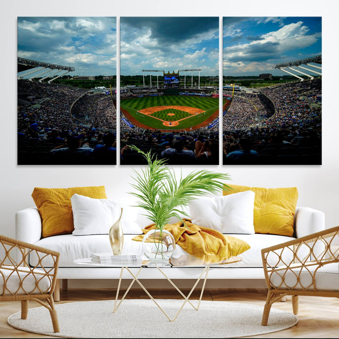 3-Panel Kauffman Stadium Wall Art Print | Large Kansas City Royals Baseball Canvas Print for Sports Enthusiasts | Framed, Ready-to-Hang MLB