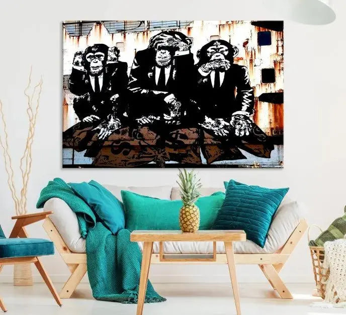 The 3 Wise Monkeys Wall Art Graffiti Wall Art Canvas Print, showcasing museum-quality craftsmanship and a UV-protective coating, is elegantly displayed.