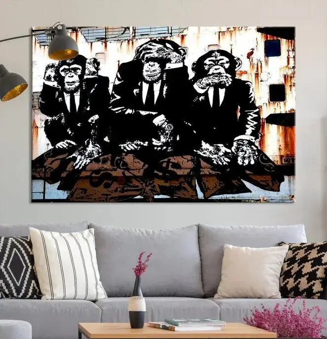 The 3 Wise Monkeys Wall Art Graffiti Wall Art Canvas Print, showcasing museum-quality craftsmanship and a UV-protective coating, is elegantly displayed.