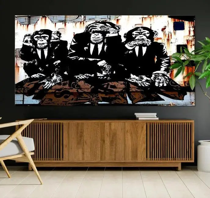 The 3 Wise Monkeys Wall Art Graffiti Wall Art Canvas Print, showcasing museum-quality craftsmanship and a UV-protective coating, is elegantly displayed.