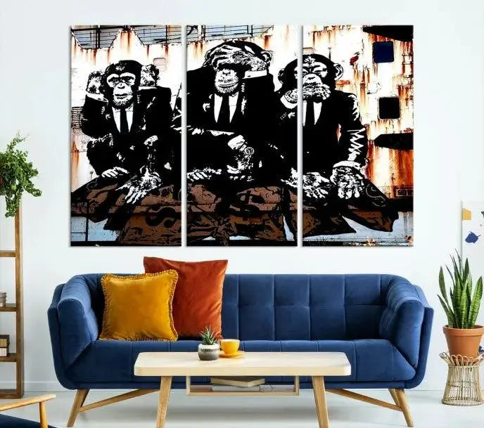 The 3 Wise Monkeys Wall Art Graffiti Wall Art Canvas Print, showcasing museum-quality craftsmanship and a UV-protective coating, is elegantly displayed.