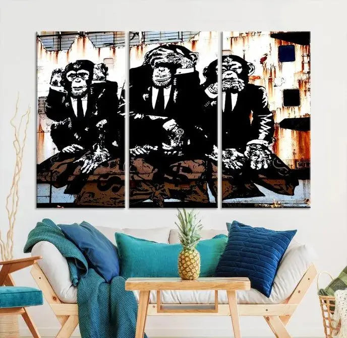 The 3 Wise Monkeys Wall Art Graffiti Wall Art Canvas Print, showcasing museum-quality craftsmanship and a UV-protective coating, is elegantly displayed.