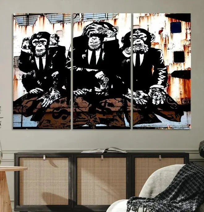 The 3 Wise Monkeys Wall Art Graffiti Wall Art Canvas Print, showcasing museum-quality craftsmanship and a UV-protective coating, is elegantly displayed.